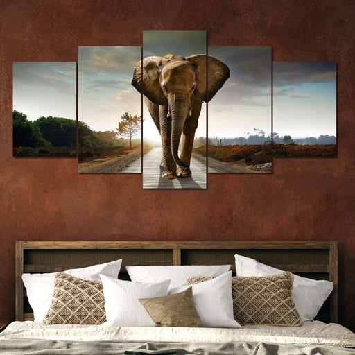 Walking Elephant - Canvas Print - photorelaistic 5 panel wall art featuring a huge elephant walking on a lonely road - this work of art is the perfect masterpiece for your space | NicheCanvas
