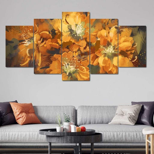Four Orange Flowers - Canvas Print - gorgeous wall art of tropical flower painting - beautify your home with this stunning and exceptional art decor | NicheCanvas