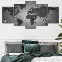 World Map - Grey Tones Multi Panel Canvas Wall Art - NicheCanvas