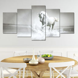 White Horse Running Multi Panel Canvas Wall Art - NicheCanvas