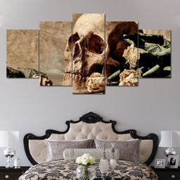 Skull and Dead Roses Multi Panel Canvas Wall Art - NicheCanvas
