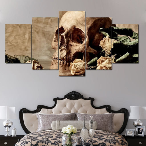 Skull and Dead Roses - Canvas Print - interesting wall art of a skull beside a dead flower - this one of a kind 5 panel decor will surely make your visitors stare | NicheCanvas
