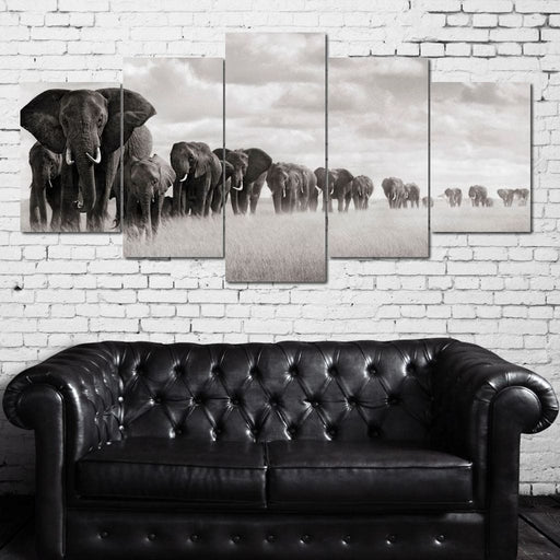 Elephants Walking - Canvas Print - 5 panel wall art of elephants in the wild - this unique canvas painting can be displayed in any room | NicheCanvas
