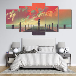 Wooden Pier Clouds Multi Panel Canvas Wall Art - NicheCanvas