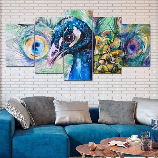 Playful Peacock - Canvas Print - gorgeous wall art of a portrait of peacock featuring its colorful feathers - this canvas painting is made of high quality ink | NicheCanvas