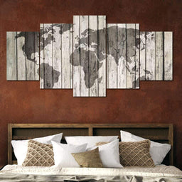 World Map - Rustic Planks Multi Panel Canvas Wall Art - NicheCanvas