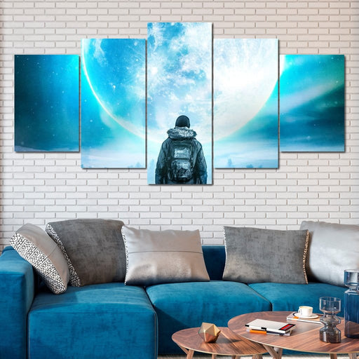 Giant Moon - Alex Graphex - Canvas Print - stunning wall art of a man in awe of the bright full moon - this unique wall decor is the perfect focal point in any room | NicheCanvas
