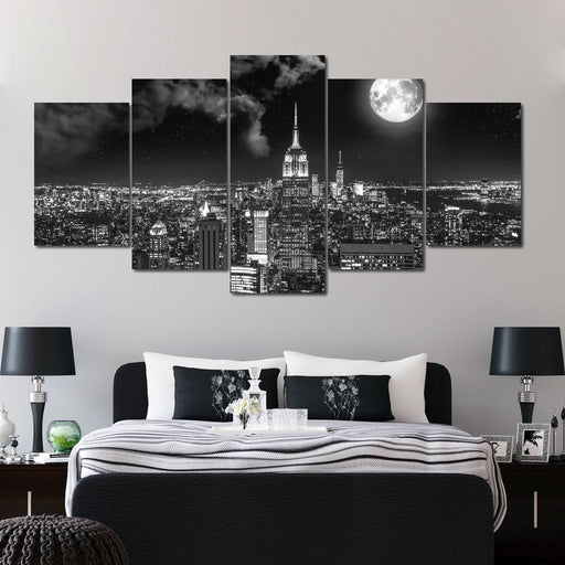 NYC at Night - Canvas Print - black and white 5 panel wall art of the beautiful city and a large full moon - this gorgeous home decor brings peace to your living space | NicheCanvas