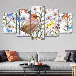 Cute Bird & Butterflies Multi Panel Canvas Wall Art - NicheCanvas