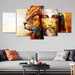 Jesus with a Lion Multi Panel Canvas Wall Art - NicheCanvas