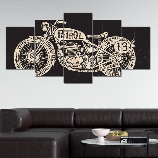 Motorcycle Parts - Canvas Print - unique wall art of a motorcycle drawing with labeled words - this one of a kind art decor is the perfect print for your bedroom | NicheCanvas