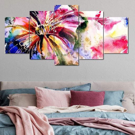 Multicolored Water Flower - Canvas Print - colorful abstract wall art painting creating a flower image - this 5 panel wall decor is the perfect focal point for your living room | NicheCanvas