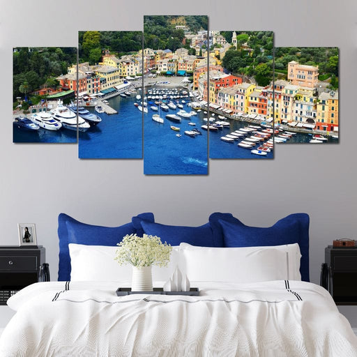 Portofino, Italy - Canvas Print - 5 panel wall art of the stunning village in Italy captured in an aerial view - this unique art piece brings peace and calmness to any room | NicheCanvas