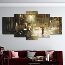 Red Umbrella In The Dark City Multi Panel Canvas Wall Art - NicheCanvas