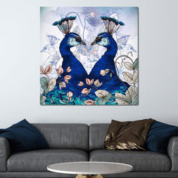 Blue Floral Peacocks - NicheCanvas