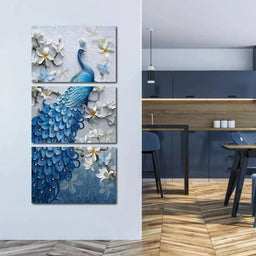 Blue Peacock Flower Set - Vertical Multi Panel Canvas Wall Art - NicheCanvas