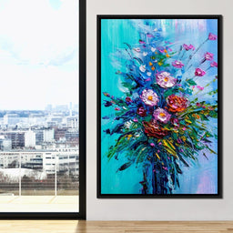 Bouquet of Flowers on Blue Background - NicheCanvas