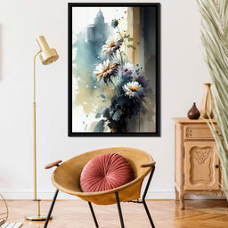 White & Teal Watercolor Flowers - NicheCanvas