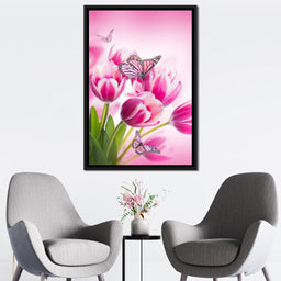 Bouquet of Pink Tulips & Butterflies - NicheCanvas
