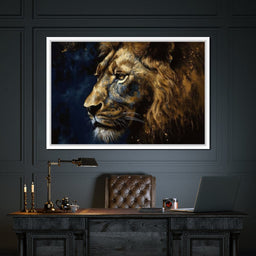Golden Lion on Blue Background - NicheCanvas