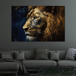 Golden Lion on Blue Background - NicheCanvas