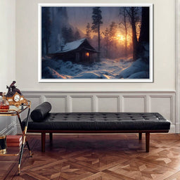 Warm Cabin Covered in Snow - NicheCanvas