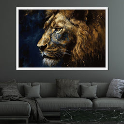 Golden Lion on Blue Background - NicheCanvas