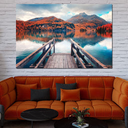 Wooden Pier on Autumn lake Sils - NicheCanvas