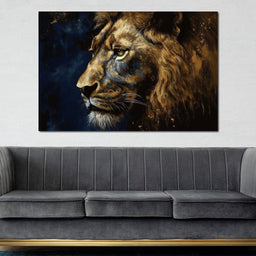 Golden Lion on Blue Background - NicheCanvas