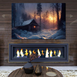 Warm Cabin Covered in Snow - NicheCanvas