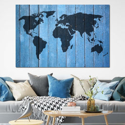 World Map - Blue Planks - NicheCanvas
