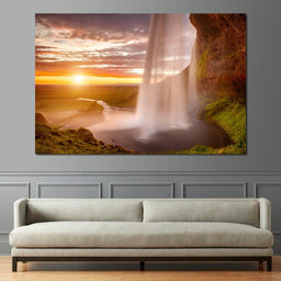Sunset over Seljalandsfoss Waterfall - NicheCanvas