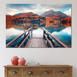 Wooden Pier on Autumn lake Sils - NicheCanvas