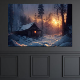 Warm Cabin Covered in Snow - NicheCanvas