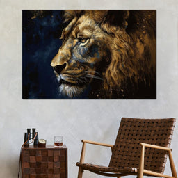 Golden Lion on Blue Background - NicheCanvas