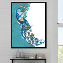 Peacock on Turquoise & White Background - NicheCanvas