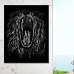 Black and White Roaring Lion - NicheCanvas