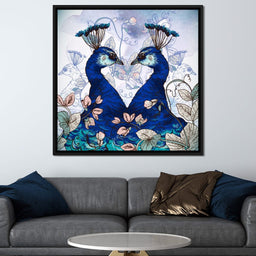 Blue Floral Peacocks - NicheCanvas