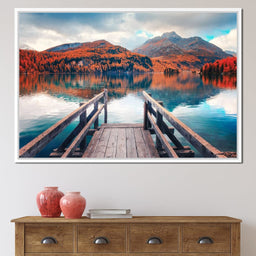 Wooden Pier on Autumn lake Sils - NicheCanvas