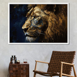 Golden Lion on Blue Background - NicheCanvas