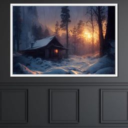 Warm Cabin Covered in Snow - NicheCanvas