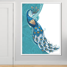 Peacock on Turquoise & White Background - NicheCanvas
