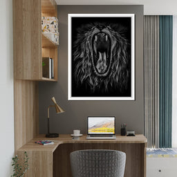 Black and White Roaring Lion - NicheCanvas