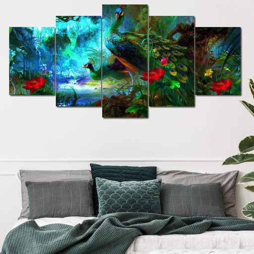 Peacock Painting - Canvas Print - beautiful wall art of a colorful peacock on a magical forest - this art piece features a stunning balance of color | NicheCanvas