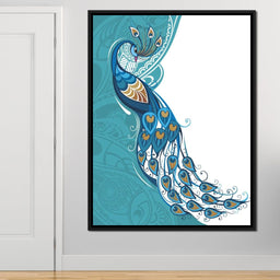 Peacock on Turquoise & White Background - NicheCanvas