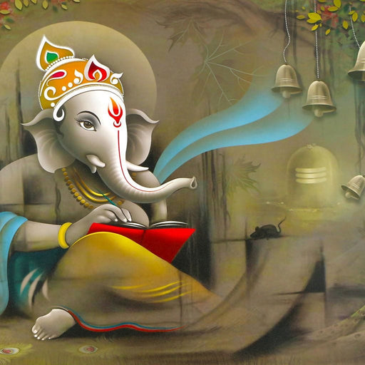 Lord Ganesh Reading - Canvas Print - unique wall art of Ganesha enjoying a book - hang this to your living room and make a statement | NicheCanvas