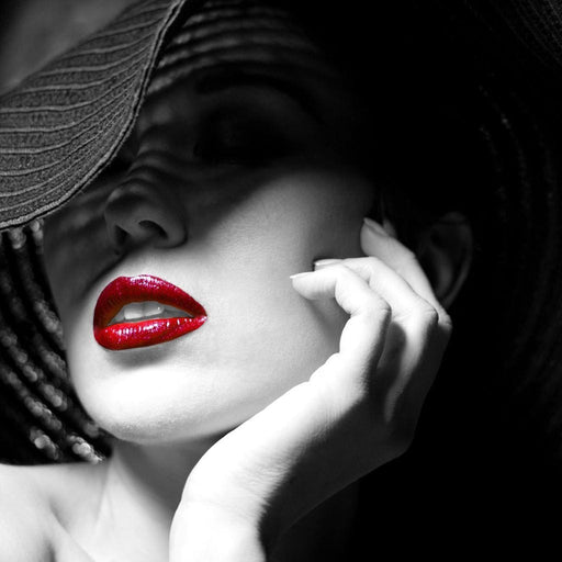 Luscious Woman - Canvas Print - black and white wall art of a classy woman wearing a shiny red lipstick - make a statement in any room with this beautiful art piece | NicheCanvas