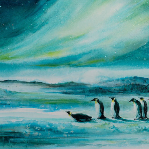 Penguins Under the Aurora Borealis Canvas Print