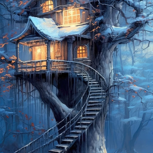 Winter Tree House - TooplesArt Canvas Print