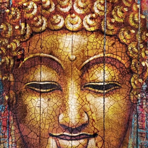 Zen Buddha - Detailed and colorful golden zen buddha wall art with abstract background